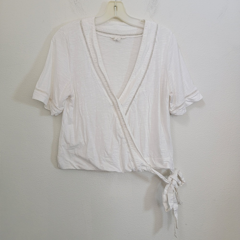 Caslon White Deep V-Neck Short Sleeve Side Tie Cotton Modal Tee Shirt Small